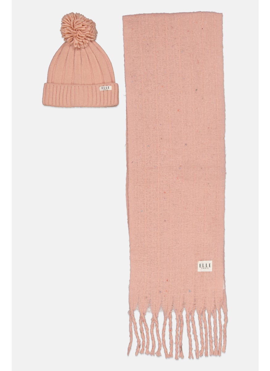 ELLE - Women 2 Piece Knitted Scarves And Beanie Set, Peach - Image 1