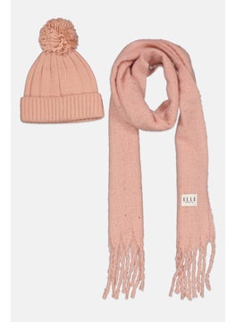ELLE Women 2 Piece Knitted Scarves And Beanie Set, Peach  - Image 1