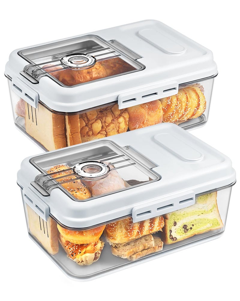 Dynta 2 Pack Bread Box for Kitchen Countertop Airtight Bread Storage Container with Lid Time Recording Plastic Bread Keeper for Homemade Bread Toast Loaf and Cookies