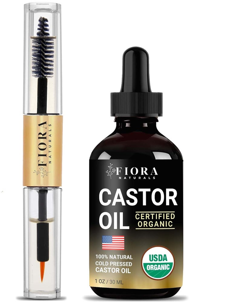 Fiora Naturals Organic Castor Oil for Eyelashes Eyebrows Hair Face Cold Pressed Hexane Free 100 Pure Aceite De Ricino Organico Lash Brow Serum with Refillable Mascara Tube unfilled 1oz Glass Bottle - Image 1