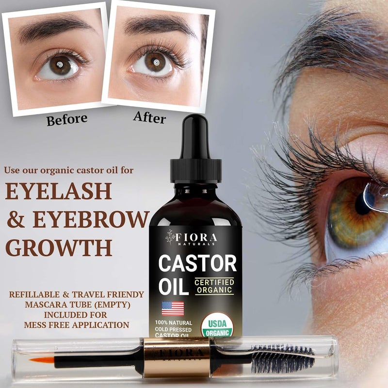 Fiora Naturals Organic Castor Oil for Eyelashes Eyebrows Hair Face Cold Pressed Hexane Free 100 Pure Aceite De Ricino Organico Lash Brow Serum with Refillable Mascara Tube unfilled 1oz Glass Bottle - Image 2