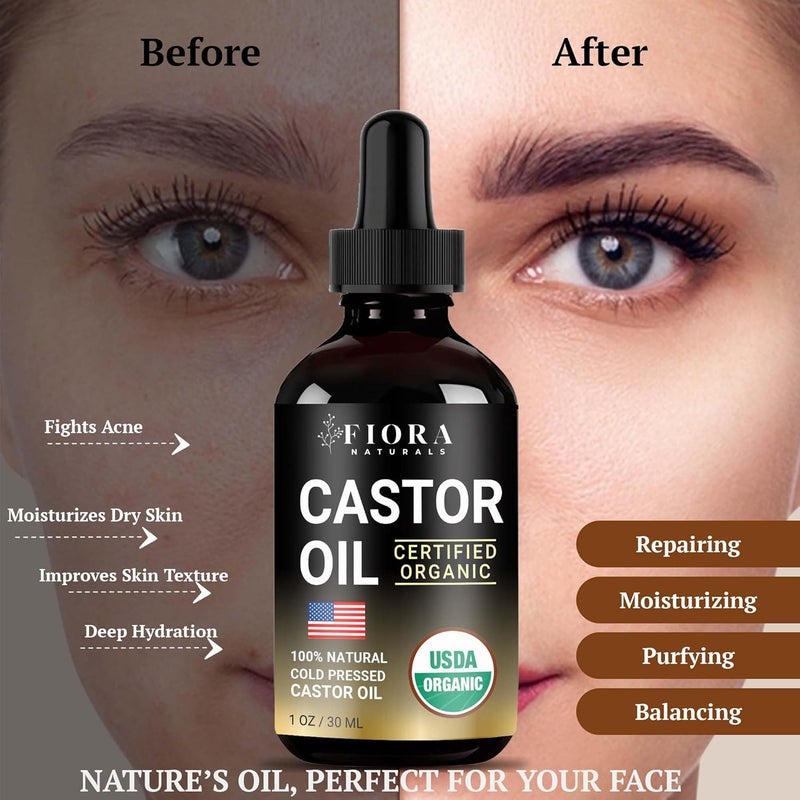 Fiora Naturals Organic Castor Oil for Eyelashes Eyebrows Hair Face Cold Pressed Hexane Free 100 Pure Aceite De Ricino Organico Lash Brow Serum with Refillable Mascara Tube unfilled 1oz Glass Bottle - Image 3