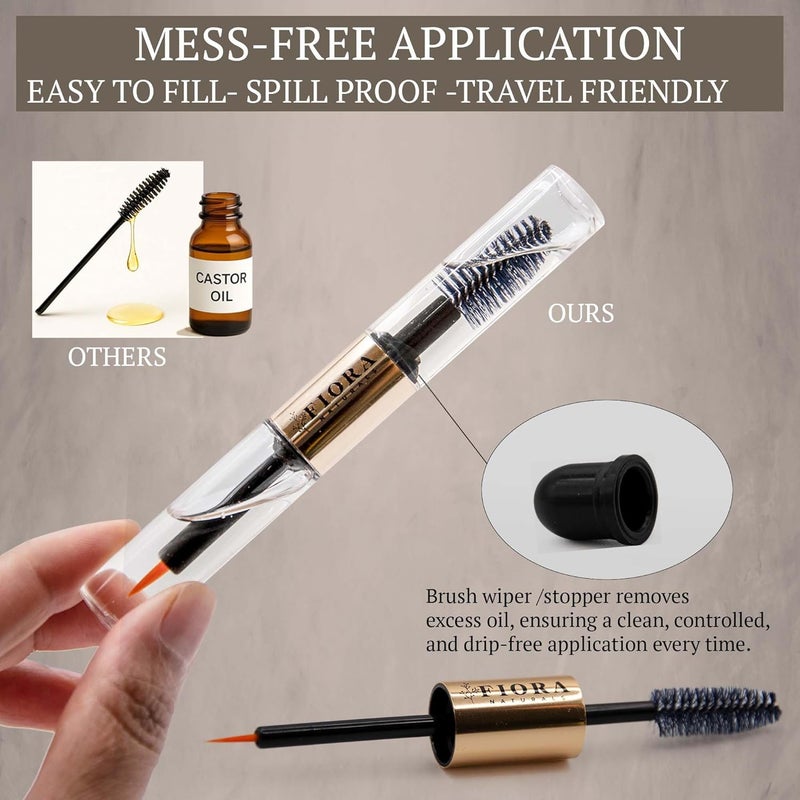 Fiora Naturals Organic Castor Oil for Eyelashes Eyebrows Hair Face Cold Pressed Hexane Free 100 Pure Aceite De Ricino Organico Lash Brow Serum with Refillable Mascara Tube unfilled 1oz Glass Bottle - Image 5