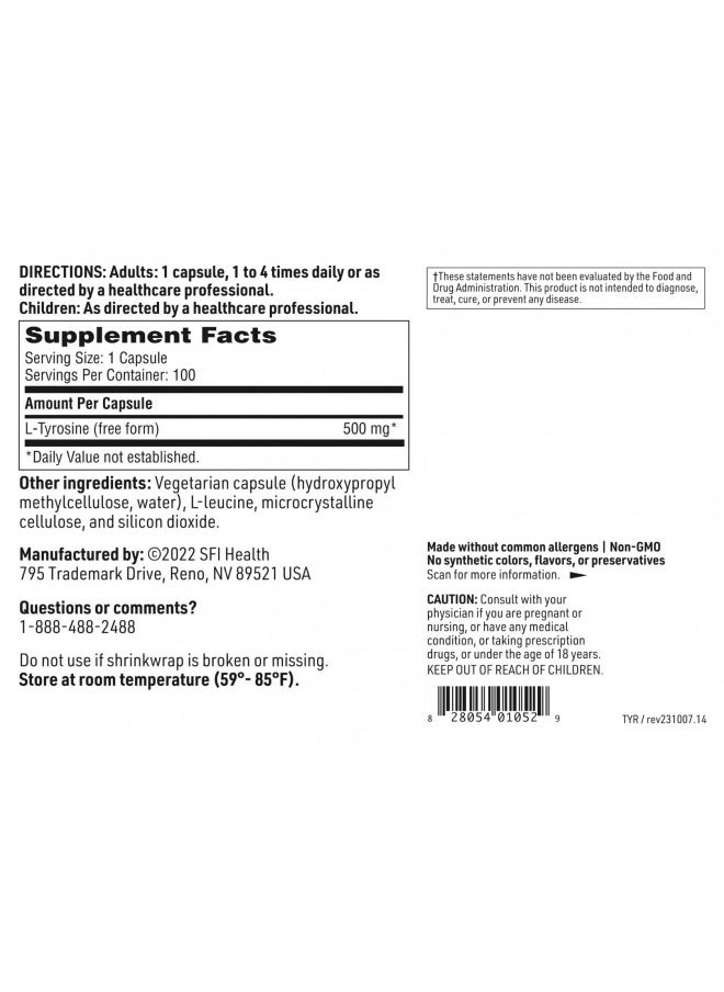 Klaire Labs L-Tyrosine - 500 Milligrams Hypoallergenic & Free Form Amino Acid Dopamine Precursor, Supports Healthy Stress Response (100 Capsules)