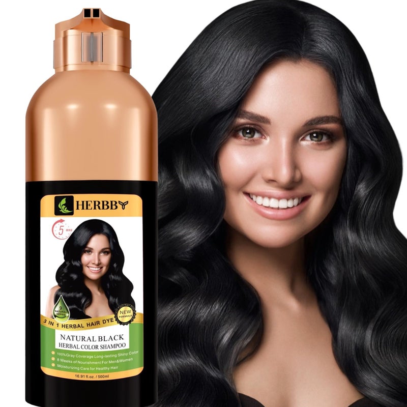 HERBBY Hair Color Shampoo for Gray Hair Coverage&Color Transform with 9 Herbal Extracts â€“Long Lasting(6-8 Weeks),Shiny,Evenly Colored,Instant Hair Dye Shampoo&Conditioner,500 Ml (NATURAL BLACK COLOR) - Image 1