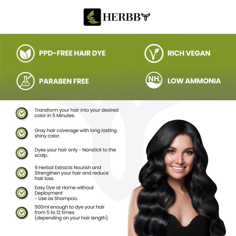 HERBBY Hair Color Shampoo for Gray Hair Coverage&Color Transform with 9 Herbal Extracts â€“Long Lasting(6-8 Weeks),Shiny,Evenly Colored,Instant Hair Dye Shampoo&Conditioner,500 Ml (NATURAL BLACK COLOR) - Image 3