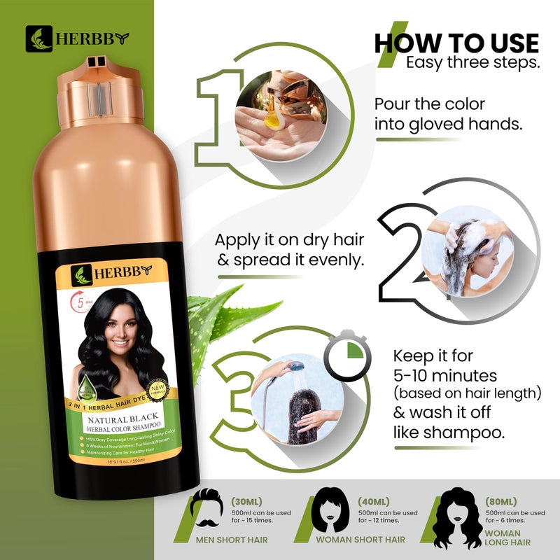 HERBBY Hair Color Shampoo for Gray Hair Coverage&Color Transform with 9 Herbal Extracts â€“Long Lasting(6-8 Weeks),Shiny,Evenly Colored,Instant Hair Dye Shampoo&Conditioner,500 Ml (NATURAL BLACK COLOR) - Image 5