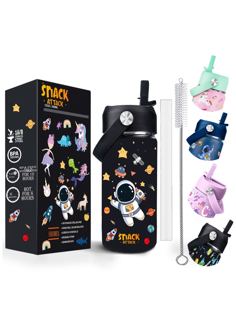 Snack attack SA Kids Water Bottle for School Insulated water bottle with Straw Lid, Kids water bottle stainless steel, Double Wall, Baby water bottle, Steel water bottle (Black Astro)  - Image 1