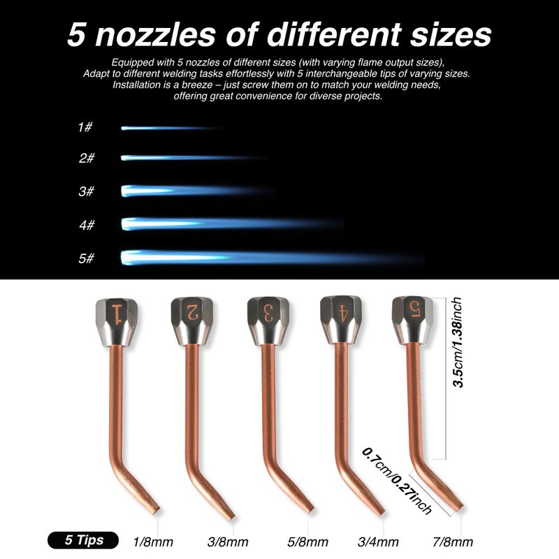 KZU Oxygen Torch Kit, Air Acetylene Torch Kit, Oxygen Acetylene/Butane Gas Welding Torch, Portable Brazing Kits with 5pc Tips, Hand Held Blazer Torch for Repairing Blowing - Image 3