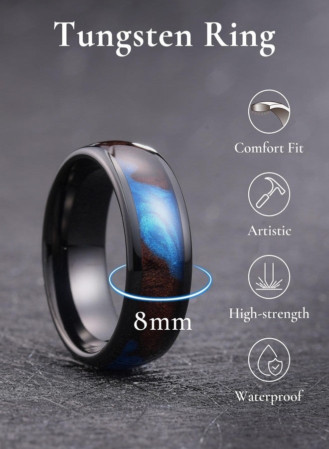 King Will 8mm Black Tungsten Rings, Men's Wedding Rings Blue Sand Inlay Domed Ring for Men Women, Comfort Fit, Durable, Size 13 - Image 2