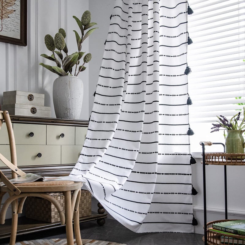 ColorBird Geometric Striped SemiBlackout Window Curtains for Living Room Boho LightFiltering Curtains with Tassels Rod Pocket Drapes for Bedroom 2 Panels Set 52 W x 84 L BlackWhite