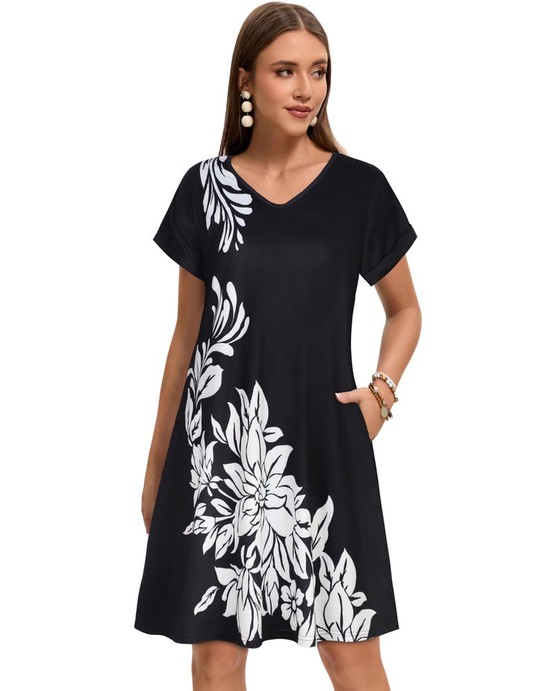 elescat Sundresses for Women Summer Casual Loose V Neck Short Sleeve Tshirt Dress with Pockets (Black White Floral, L) - Image 4