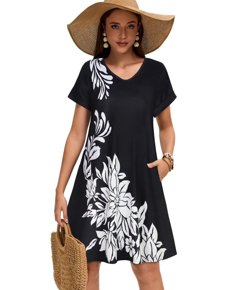 elescat Sundresses for Women Summer Casual Loose V Neck Short Sleeve Tshirt Dress with Pockets (Black White Floral, L) - Image 5