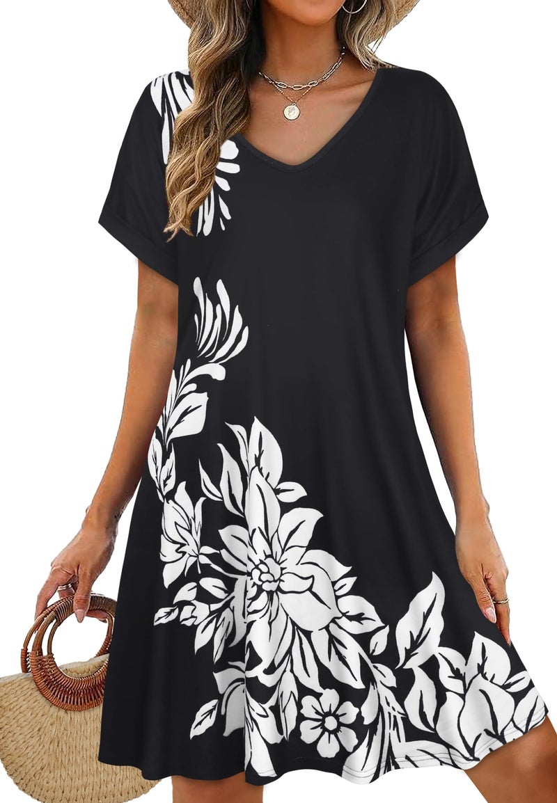 elescat Sundresses for Women Summer Casual Loose V Neck Short Sleeve Tshirt Dress with Pockets (Black White Floral, L) - Image 1