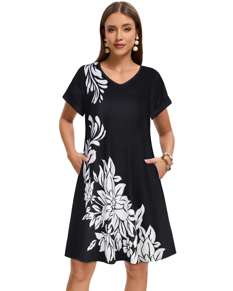 elescat Sundresses for Women Summer Casual Loose V Neck Short Sleeve Tshirt Dress with Pockets (Black White Floral, L) - Image 3
