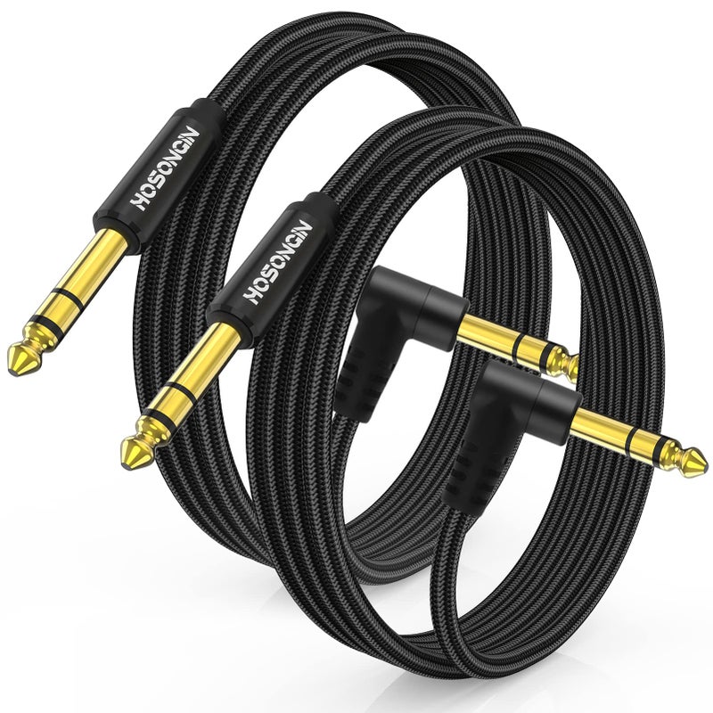 HOSONGIN 1/4 Inch TRS Instrument Cable 10 feet 2-Pack, Straight-to-Right Angle 6.35mm Male Stereo Audio Cord, Balanced Interconnect Line for Electric Guitar, Bass, Keyboard, Mixer, Amplifier, Speaker - Image 1