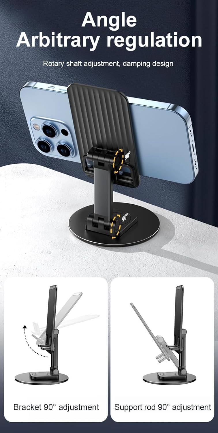 WALLVIEW TECH Mobile Phone Stand 360° Rotation Height and Angle Adjustable Cell Phone Stand for Desk Office Foldable Desktop Phone Holder for Smartphone 4-10'' Tablet Holder (Black) - Image 5