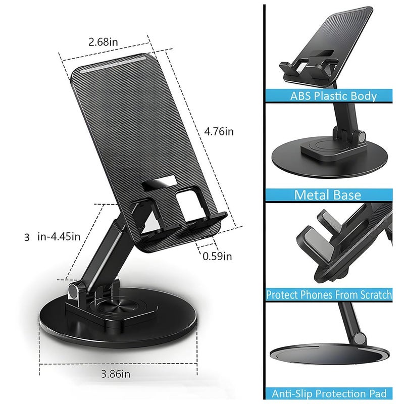 WALLVIEW TECH Mobile Phone Stand 360° Rotation Height and Angle Adjustable Cell Phone Stand for Desk Office Foldable Desktop Phone Holder for Smartphone 4-10'' Tablet Holder (Black) - Image 4