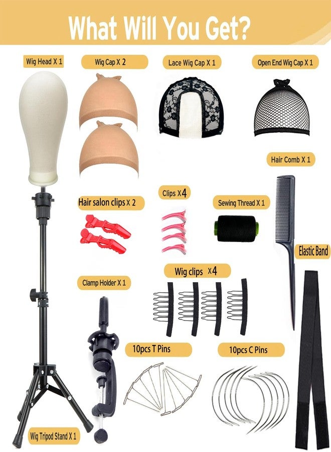 simnient Wig Stand Tripod with Heads, Canvas Block Head Mannequin Head Stand Wigs Display Styling Head With Mount Hole for Wigs Making Display with Wig Caps, T Pins C Pins Set Bristle Brush - Image 3