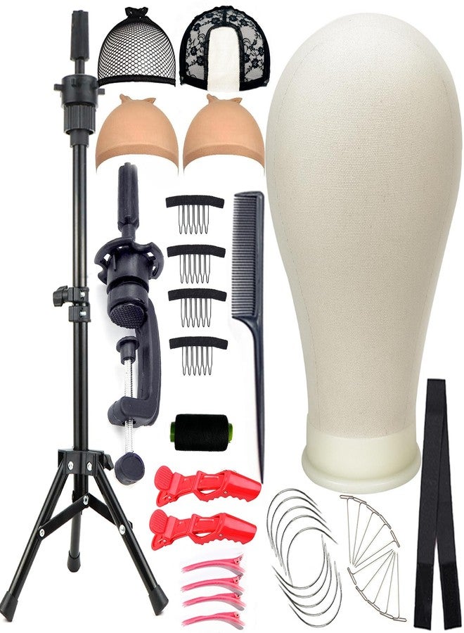 simnient Wig Stand Tripod with Heads, Canvas Block Head Mannequin Head Stand Wigs Display Styling Head With Mount Hole for Wigs Making Display with Wig Caps, T Pins C Pins Set Bristle Brush - Image 1