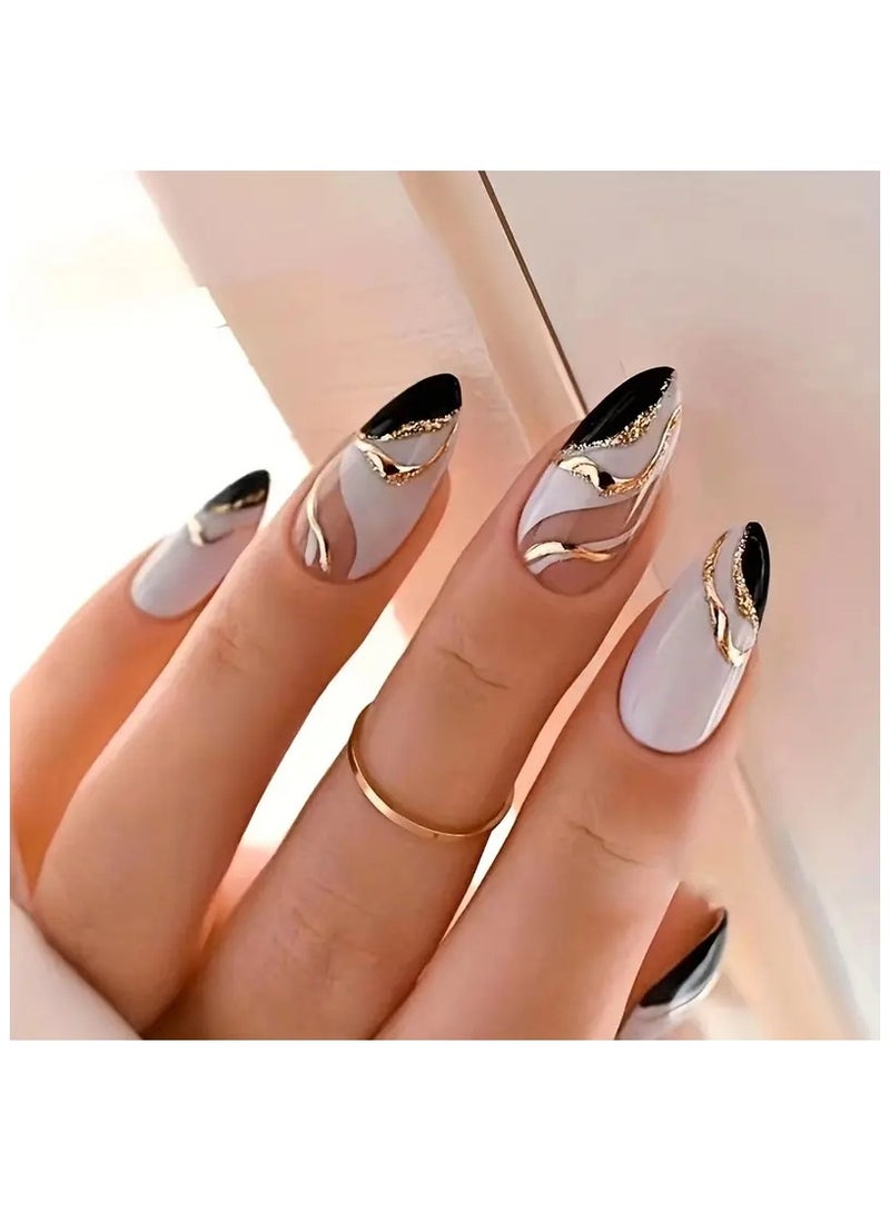 24 قطعة من الأظافر الزائفة اللامعة المتوسطة اللوز، نمط بسيط بالضغط الفرنسي على الأظافر مع تصميم دوامة ذهبية سوداء، أظافر صناعية رائعة ورائعة للنساء والفتيات للارتداء اليومي - Image 1