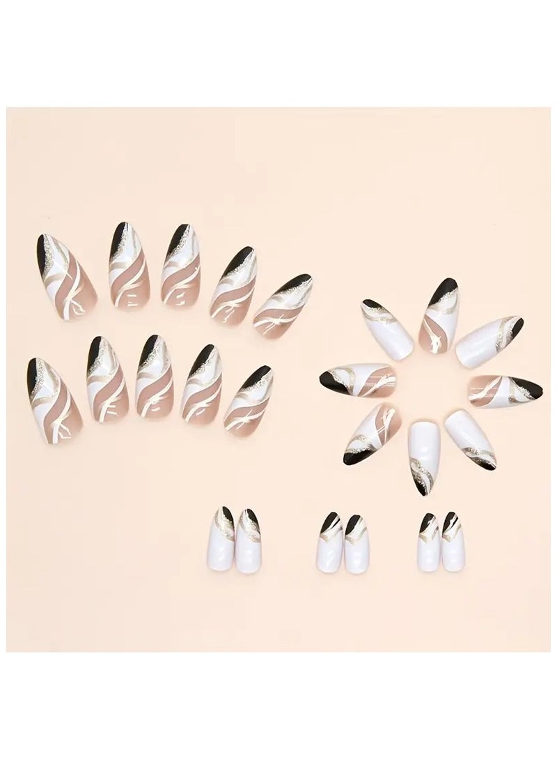 24 قطعة من الأظافر الزائفة اللامعة المتوسطة اللوز، نمط بسيط بالضغط الفرنسي على الأظافر مع تصميم دوامة ذهبية سوداء، أظافر صناعية رائعة ورائعة للنساء والفتيات للارتداء اليومي - Image 2