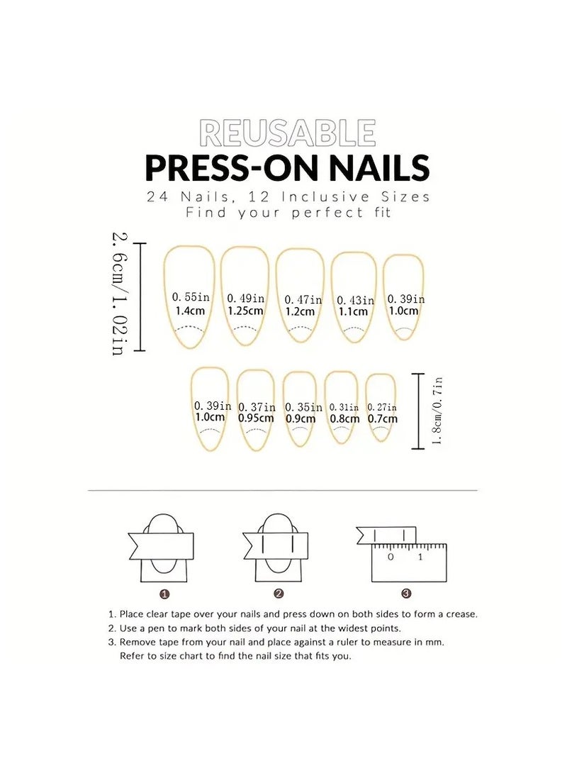 24 قطعة من الأظافر الزائفة اللامعة المتوسطة اللوز، نمط بسيط بالضغط الفرنسي على الأظافر مع تصميم دوامة ذهبية سوداء، أظافر صناعية رائعة ورائعة للنساء والفتيات للارتداء اليومي - Image 4