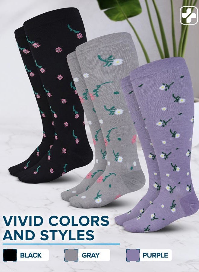 Doctor's Select 3 Pairs Plus Size Compression Socks Wide Calf | Bamboo Viscose Knee High Socks | Extra Wide Calf | Black, Purple, Gray (Flowers) - Image 5