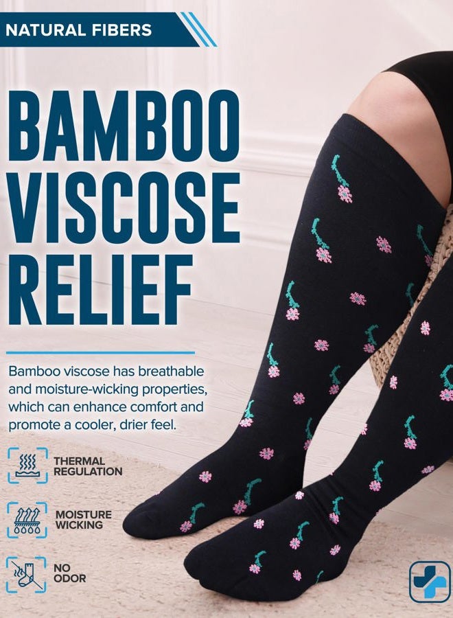 Doctor's Select 3 Pairs Plus Size Compression Socks Wide Calf | Bamboo Viscose Knee High Socks | Extra Wide Calf | Black, Purple, Gray (Flowers) - Image 3