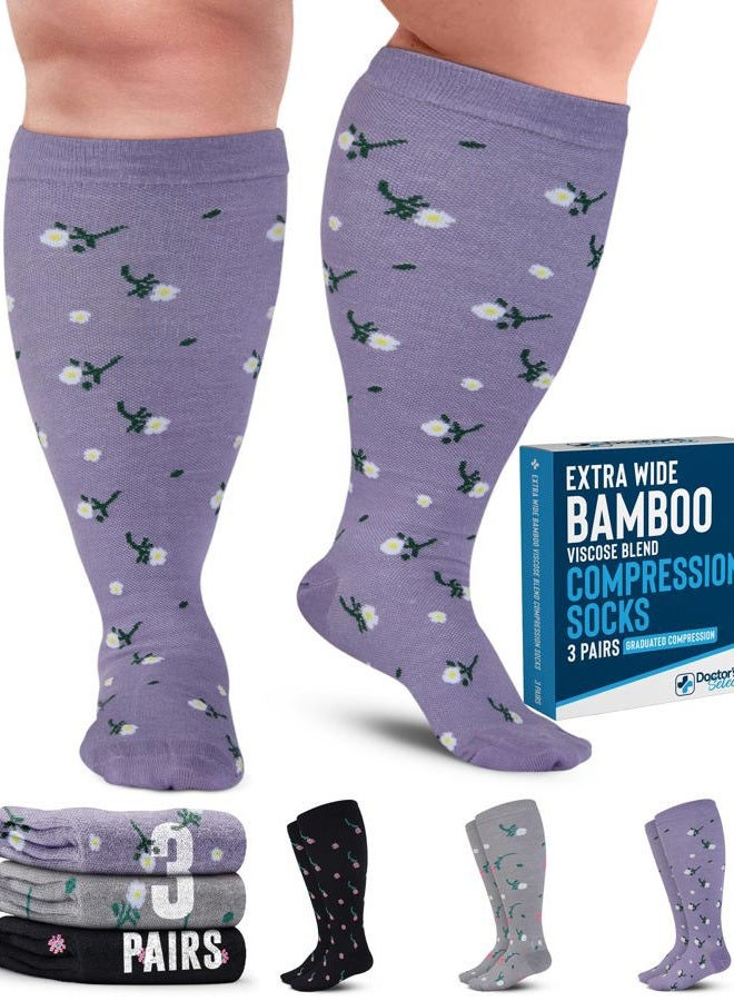 Doctor's Select 3 Pairs Plus Size Compression Socks Wide Calf | Bamboo Viscose Knee High Socks | Extra Wide Calf | Black, Purple, Gray (Flowers) - Image 1