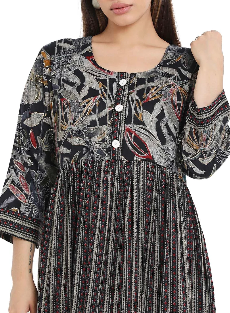 HANA & SARA STYLISH PRINTED SHORT FRONT STYLED BUTTON ARABIC KAFTAN JALABIYA DRESS