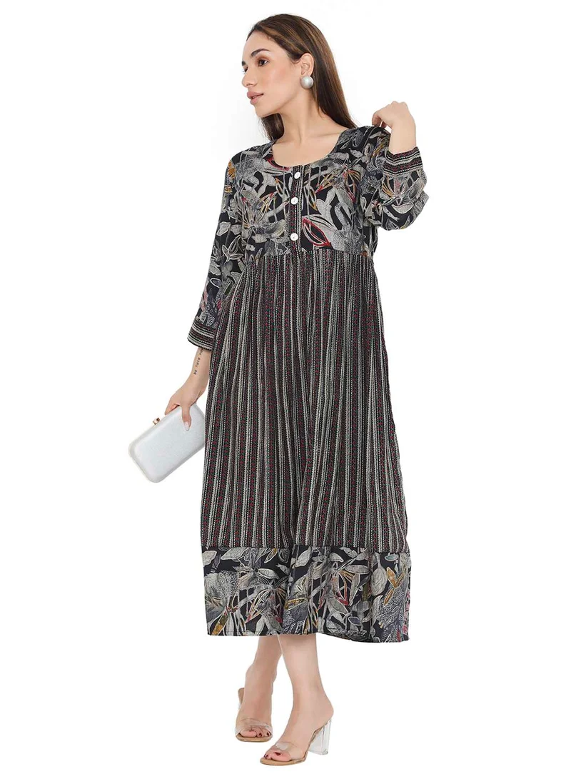 HANA & SARA STYLISH PRINTED SHORT FRONT STYLED BUTTON ARABIC KAFTAN JALABIYA DRESS