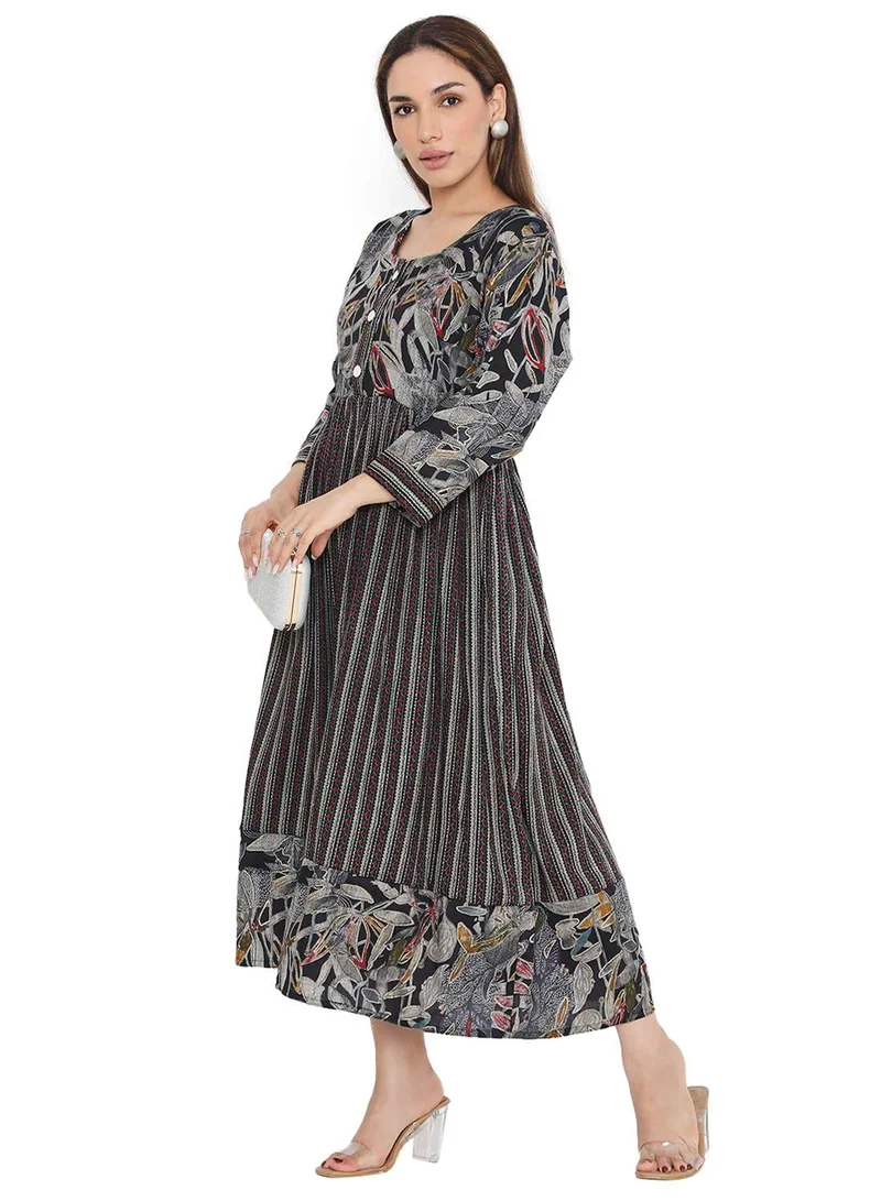 HANA & SARA STYLISH PRINTED SHORT FRONT STYLED BUTTON ARABIC KAFTAN JALABIYA DRESS