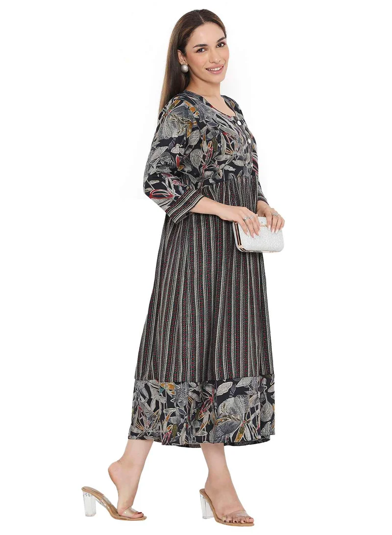 HANA & SARA STYLISH PRINTED SHORT FRONT STYLED BUTTON ARABIC KAFTAN JALABIYA DRESS