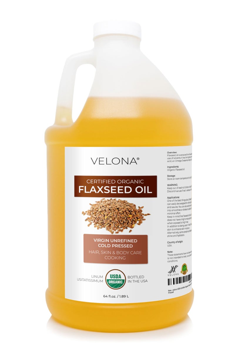 velona USDA Certified Organic Flaxseed Oil - 64 Fl Oz | 100% Pure and Natural Carrier Oil | Unrefined, Cold Pressed |Body, Face & Skin Care | Use Today - Enjoy Resultsâ€¦ - Image 1
