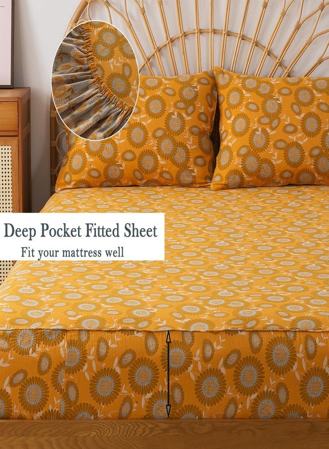 فادفاي طقم ملاءات سرير كوين من فادفاي، مصنوع من القطن الخالص ١٠٠٪، بنقشة زهور، وجيب عميق، ونمط عباد الشمس الفاخر، بتصميم ريفي عتيق، مكون من ٤ قطع. - Image 3