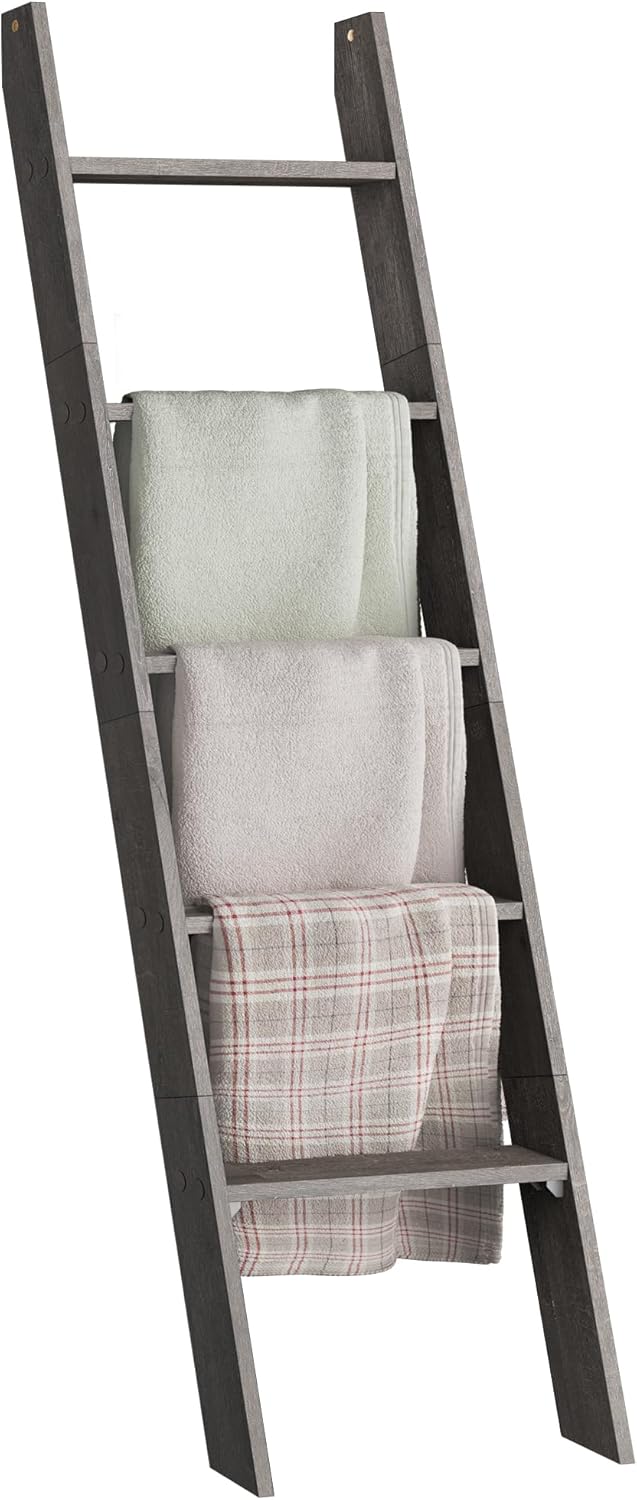 VASAGLE Blanket Ladder Decorative Farmhouse for The Living Room, 5-Tier Ladder Shelf, Ladder Rack for Storage and Decor, Misty Gray - Image 1