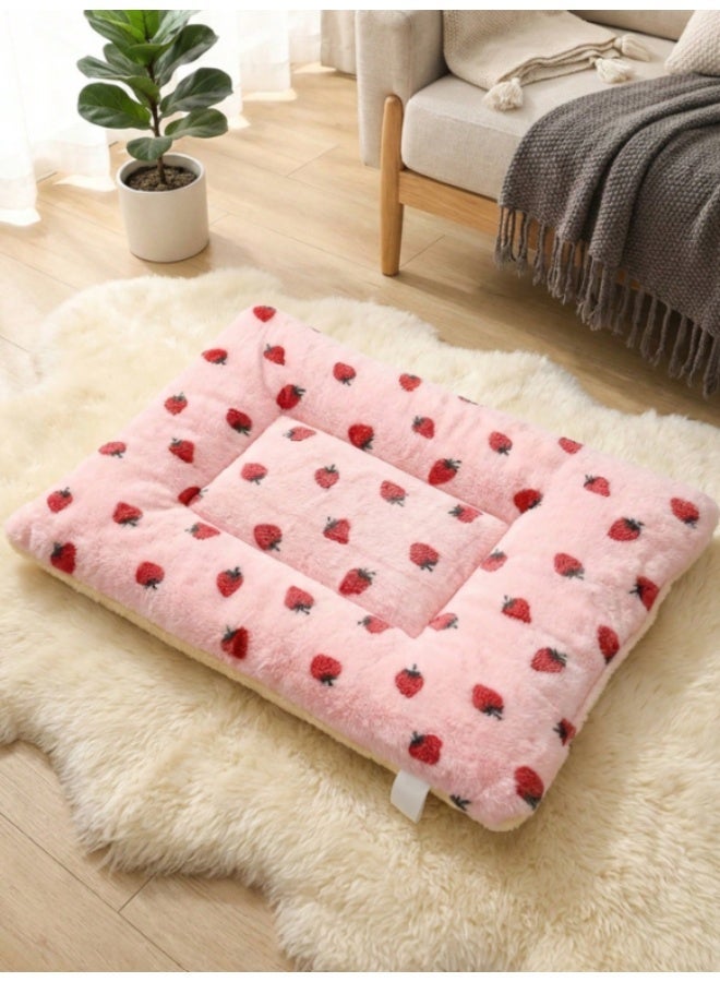 Soft Plush Pet Bed Mat – Pink Strawberry Print Cushion for Cats & Small Dogs – 29.5 × 37.8 cm - Image 1