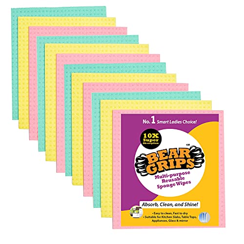 BEAR GRIPS resuable and Washable Sponge Wipes with Super absorbant Biodegradable Cellulose Material for Kitchen and Home Cleaning (Multicolored) - Pack of 12 - Image 1