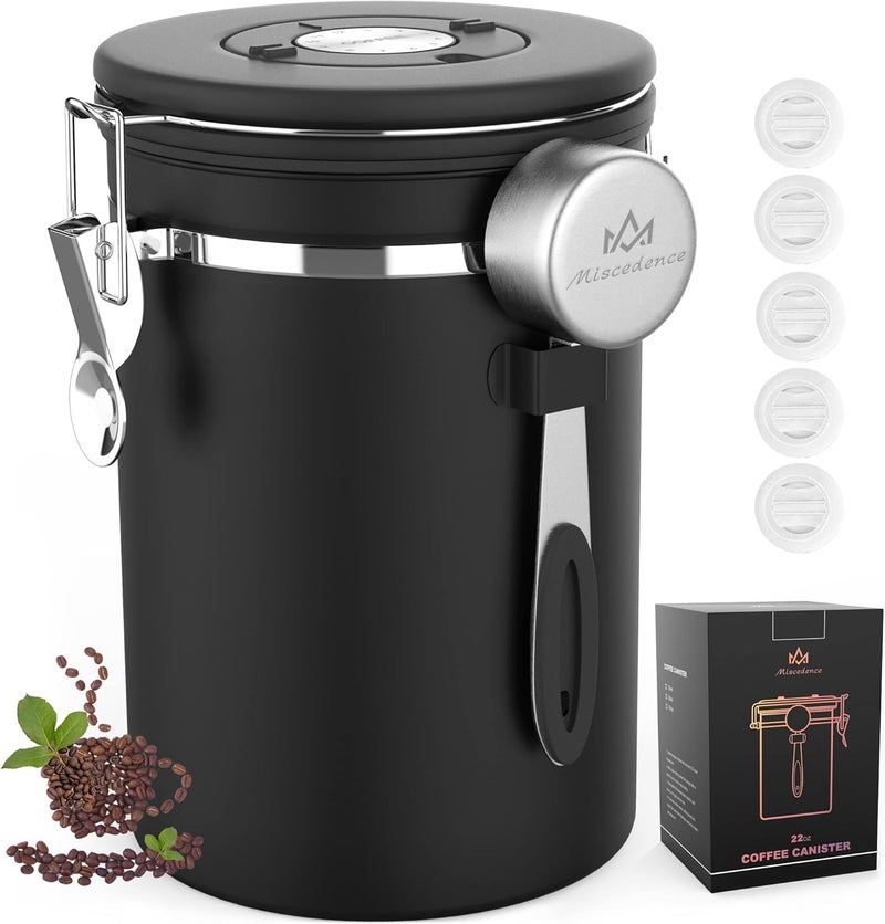 Miscedence Coffee Canister with Scoop,Date Tracker 304 Stainless Steel Airtight Container One-Way CO2 Valve for Coffee Beans,Tea,Sugar,Kitchen Storage (Black, 22oz) - Image 1