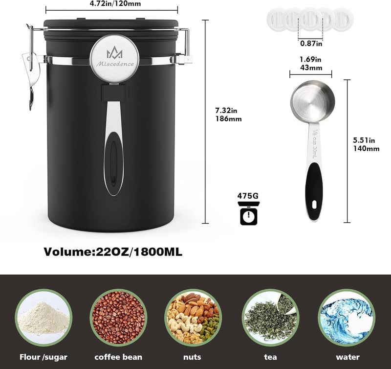Miscedence Coffee Canister with Scoop,Date Tracker 304 Stainless Steel Airtight Container One-Way CO2 Valve for Coffee Beans,Tea,Sugar,Kitchen Storage (Black, 22oz) - Image 5