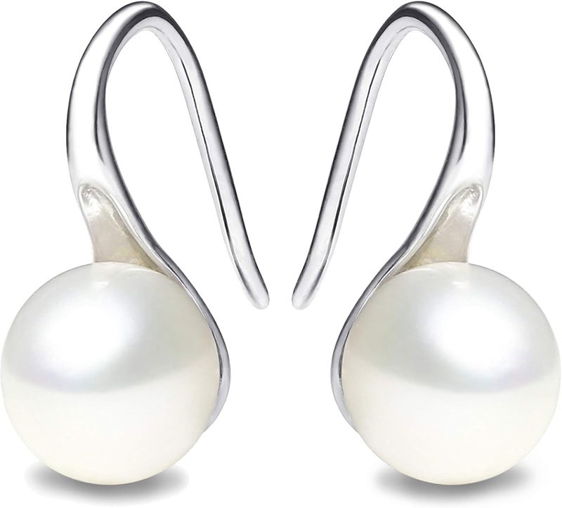 PEARLADA 925 Sterling Silver Hoop Handpicked AAA+ Quality 7.5-8mm White Freshwater Cultured Pearl Dangle Drop Earrings Jewelry for Women - Image 1