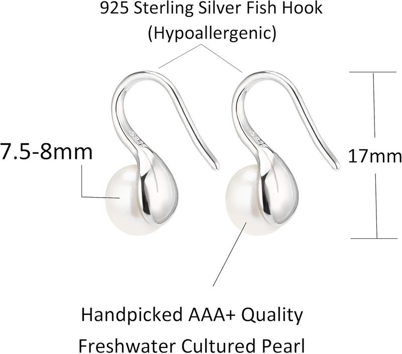 PEARLADA 925 Sterling Silver Hoop Handpicked AAA+ Quality 7.5-8mm White Freshwater Cultured Pearl Dangle Drop Earrings Jewelry for Women - Image 3