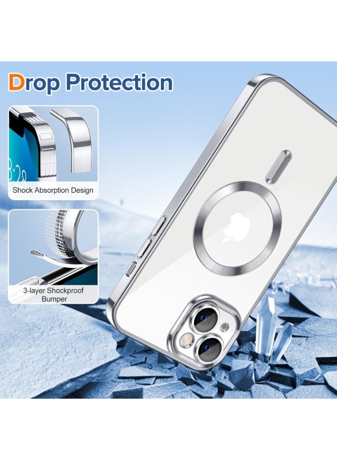 Electroplated Case For IPhone 15 Camera Lens Full Protection Compatible with MagSafe Wireless Charging, Shockproof Soft TPU Phone Magnetic Cover (Silver) - Image 3