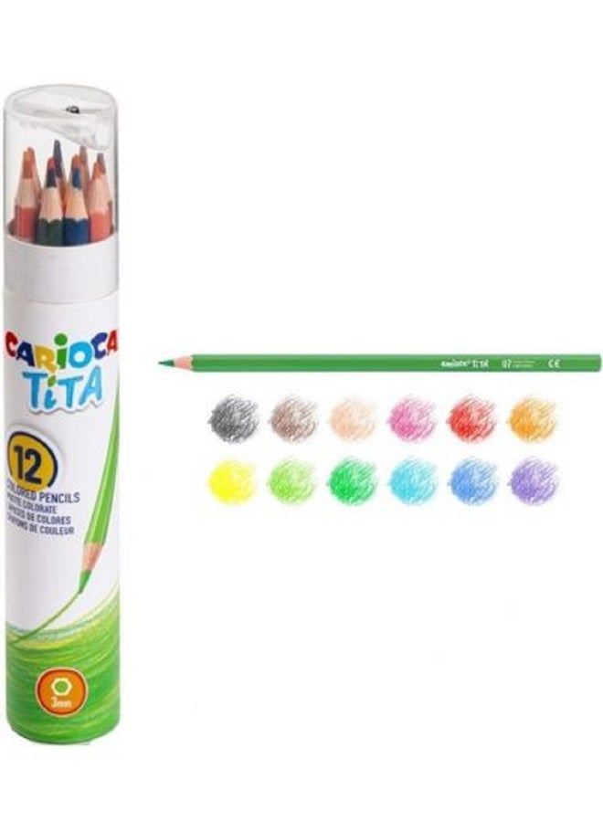 كاريوكا ألوان خشب طويلة من كاريوكا، ١٢ لون + مبراة، علبة كرتون أسطوانية - Image 1