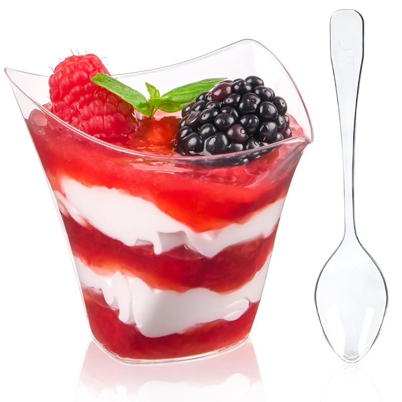 Qeirudu 4 oz Triangular Mini Dessert Cups with Spoons, 50 Pack Plastic Appetizer Cups Reusable Shooter Cups for Pudding Fruit Yogurt Parfait Ice Cream - Image 1