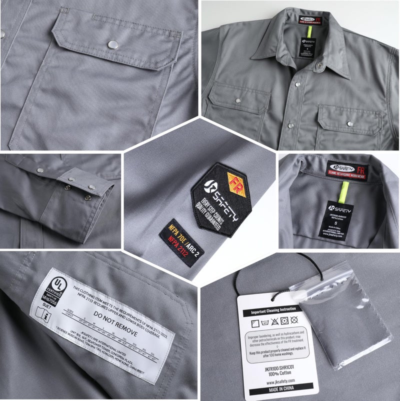 JKSafety 7oz FR Shirts for Men Women ARC 2 Flame Resistant Welding Shirts Fire Retardant Button Up Shirt FR Clothing FRC Long Sleeve Safety Workwear (100R1-Grey XL) - Image 4