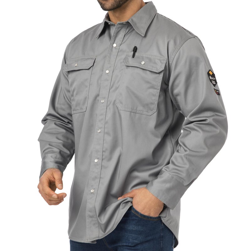 JKSafety 7oz FR Shirts for Men Women ARC 2 Flame Resistant Welding Shirts Fire Retardant Button Up Shirt FR Clothing FRC Long Sleeve Safety Workwear (100R1-Grey XL) - Image 1