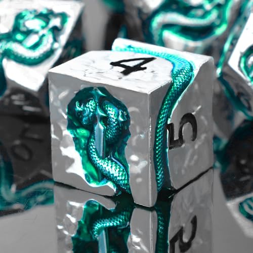 RULE DICE Metal DND Dice Set for Dungeons and Dragons Polyhedral DD Dice Set with Green Serpent Design Balanced DD Dice for RPGs TTRPGs Heavy Duty Zinc Alloy Construction 7 Dice Set - Image 1