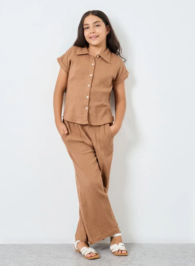 ستايلي Styli Girls Brown Cotton Double Gauze Shirt